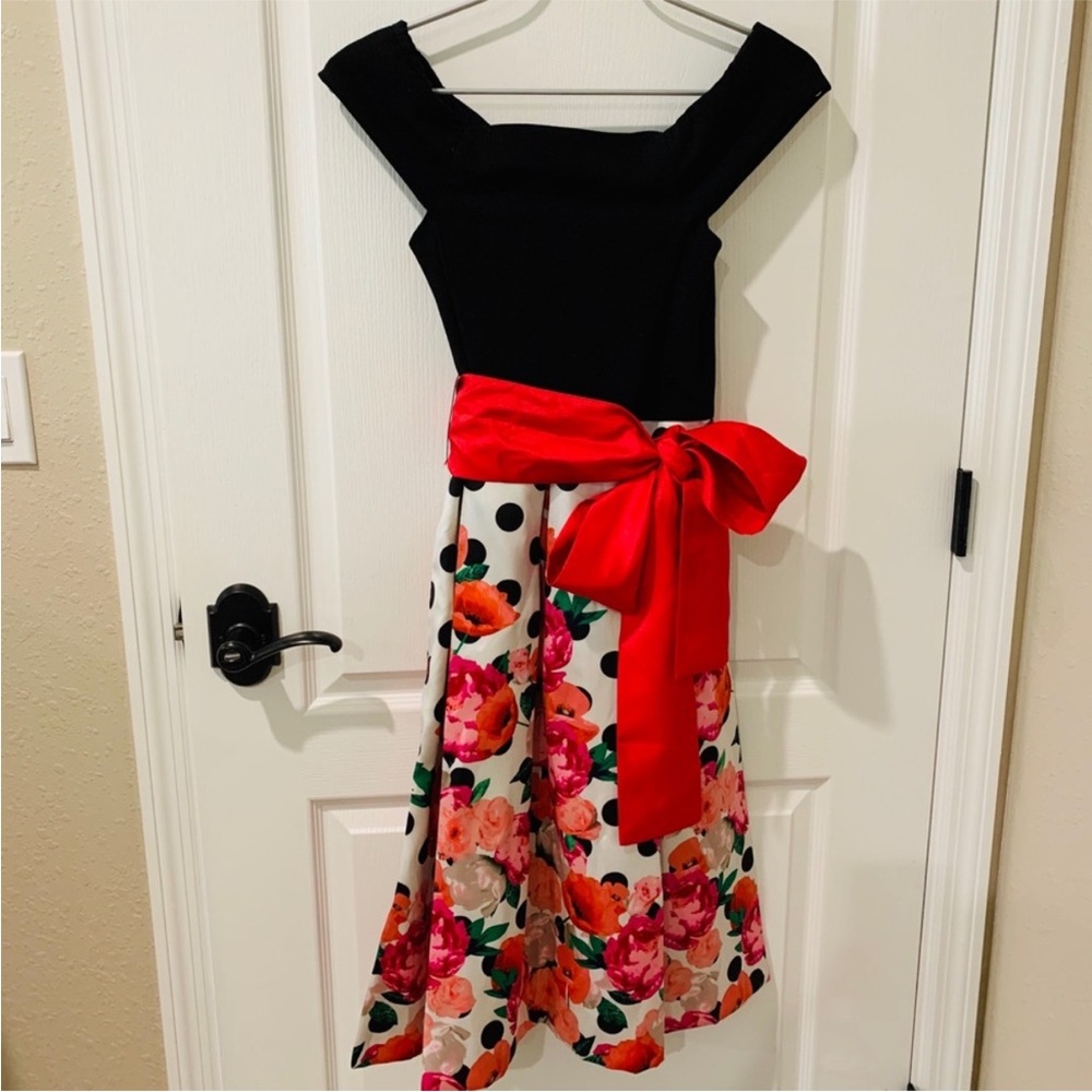 Anthropologie Eliza J Red and Black Floral and Polka Dot Bow Mid Dress Sz 6